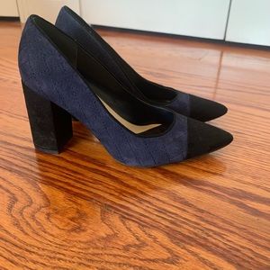 Quilted navy and black pointed block heel